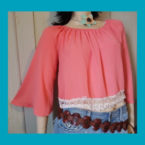 Boho Babe Vintage Retro Coral Chiffon Bell Sleeve Crochet Crop Top - Picture 5 of 8